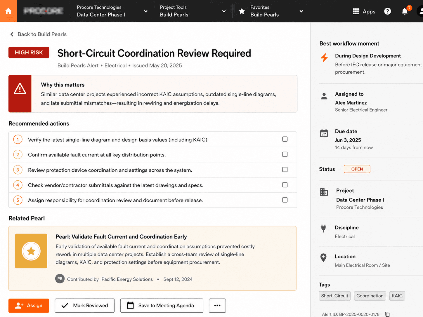 Concept mockup of a Build Pearls alert detail screen showing risk context, recommended actions, and review workflow.
